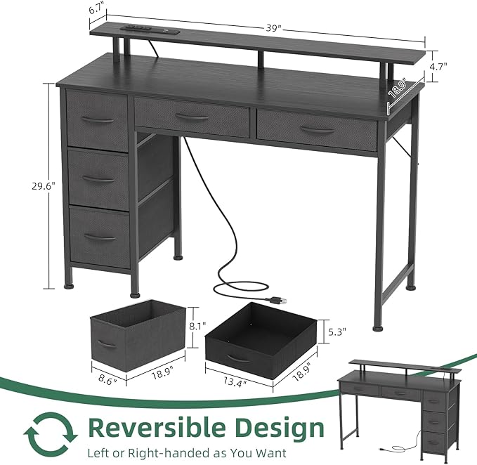 Computer Desk with 5 Drawers, Gaming Desk with LED Lights Power Outlets and - Image 3