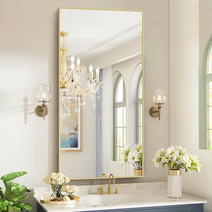 48x24In Gold Bathroom Mirror for Wall, Brushed Gold Rectangle Mirrors - Image 2