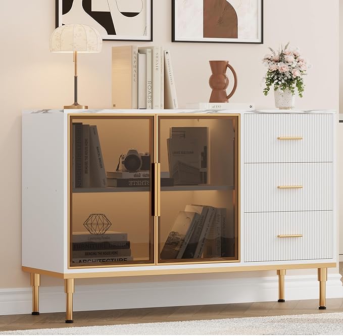 Buffet Sideboard Cabinet with Storage, 46.4" Large Fluted Kitchen Sideboard by Garvee