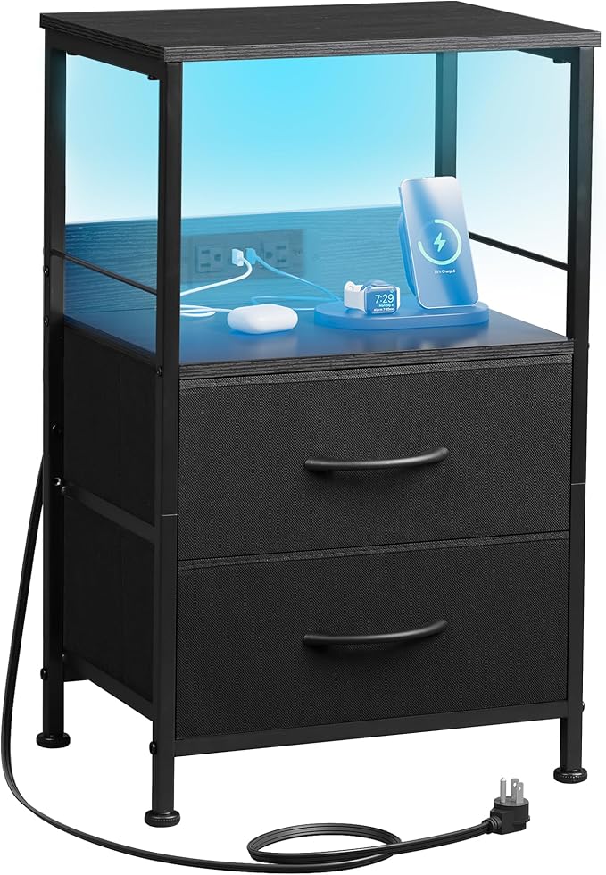 WLIVE LED Night Stand with Charging Station, Dorm Bedside Table End Table with by WLIVE