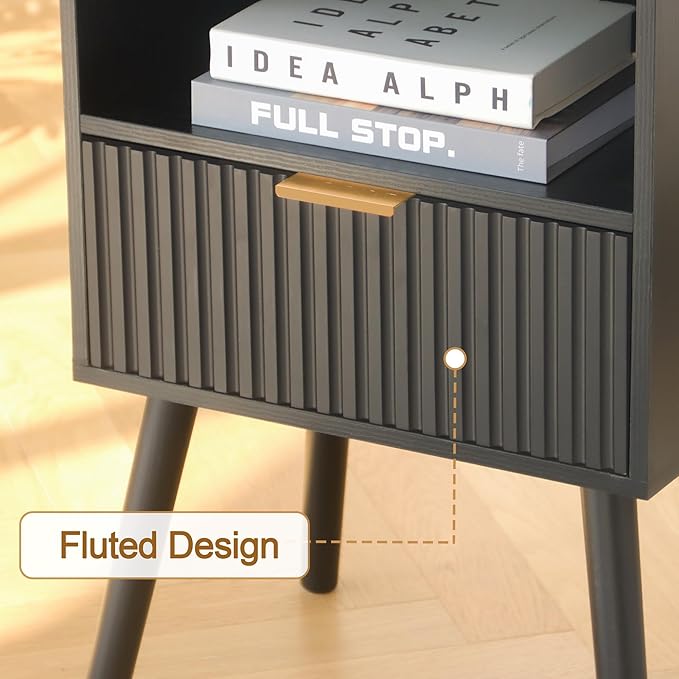 AWASEN Black Fluted Nightstand, Modern Bedside Table - Image 5