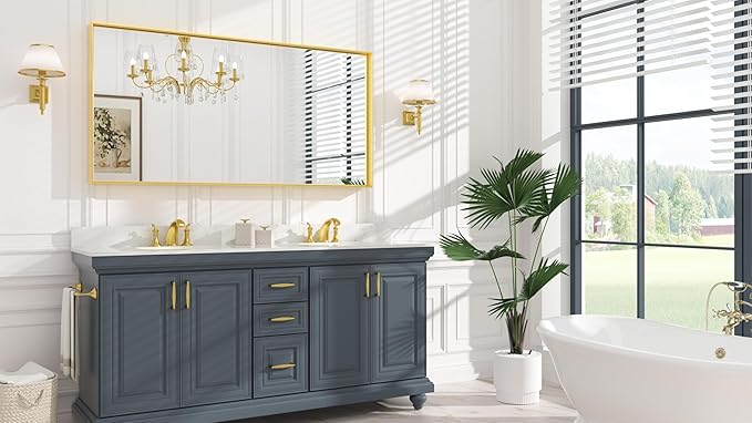 Keonjinn Brushed Gold Bathroom Mirror 60” x 30” Metal Framed Rectangular Wall - Image 2