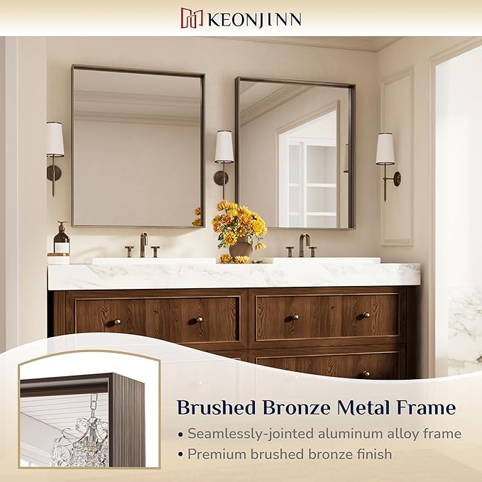 Keonjinn 30 x 36 Inch Brushed Bronze Bathroom Mirror, Metal Framed Rectangular - Image 6