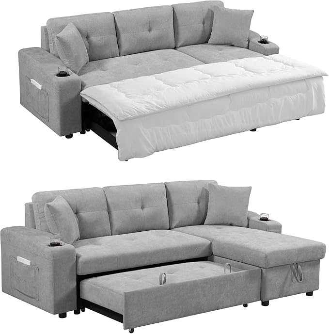 L Shape Pull Out Sofa Bed with Cup Holder, Convertible Sectional Couch with - Image 3