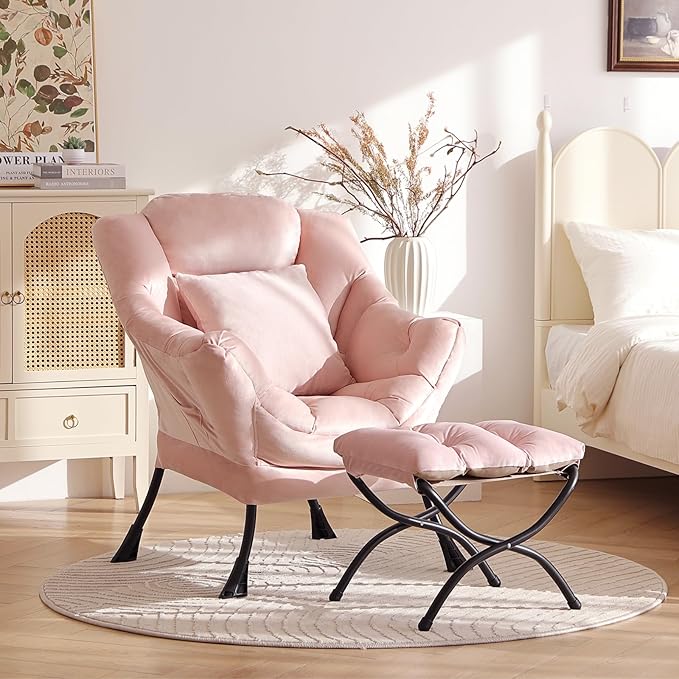 Large Lazy Chair with Ottoman, Accent Reading Chair with a Throw Pillow - Image 3