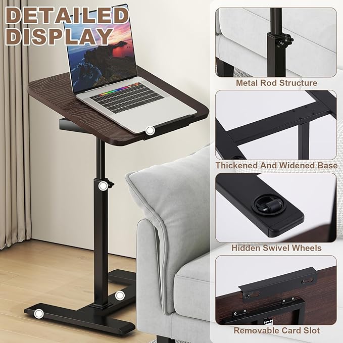 Solid Wood C-Shaped Side Table, 360° Rotating TV Tray Table, Height-Adjustable - Image 4