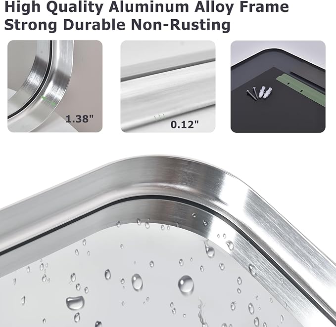Silver Bathroom Mirror for Wall, 36x24 Inch Rectangular Aluminum Alloy Framed - Image 6