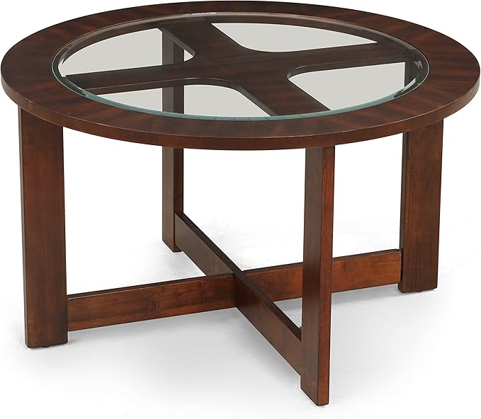 Roundhill Furniture Cylina Solid Wood Glass Top Round Coffee Table - Image 4