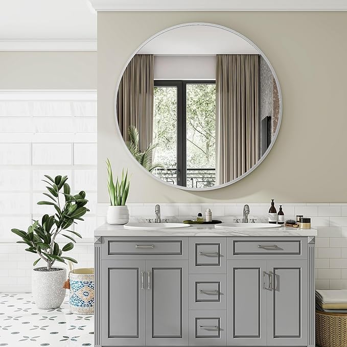 Black Round Bathroom Mirror, 42 inch Large Circle Wall Mounted Hanging Mirror - Image 5