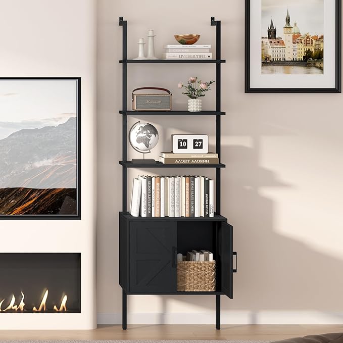 Yusong 73" Tall Bookshelf with Cabinet, Industrial Ladder Wall Mount Shelf - Image 8