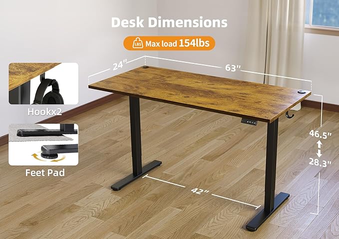 Seang Standing Desk with Adjustable Height, 63x24 Inch Electric Stand Up Desk - Image 3