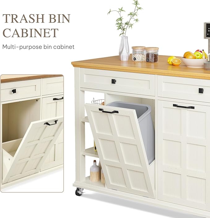 DWVO Kitchen Island with Drop Leaf, Tilt Out Trash Can Cabinet, Mobile Storage - Image 4