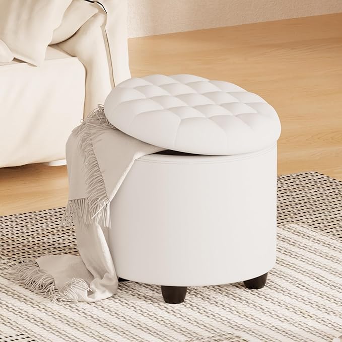 Furniliving Upholstered Button Tufted Round Ottoman, PU Storage Ottoman Round - Image 3
