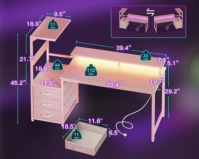 AODK 52 Inch Gaming Desk with USB Charging Ports & LED Light- Reversible - Image 3