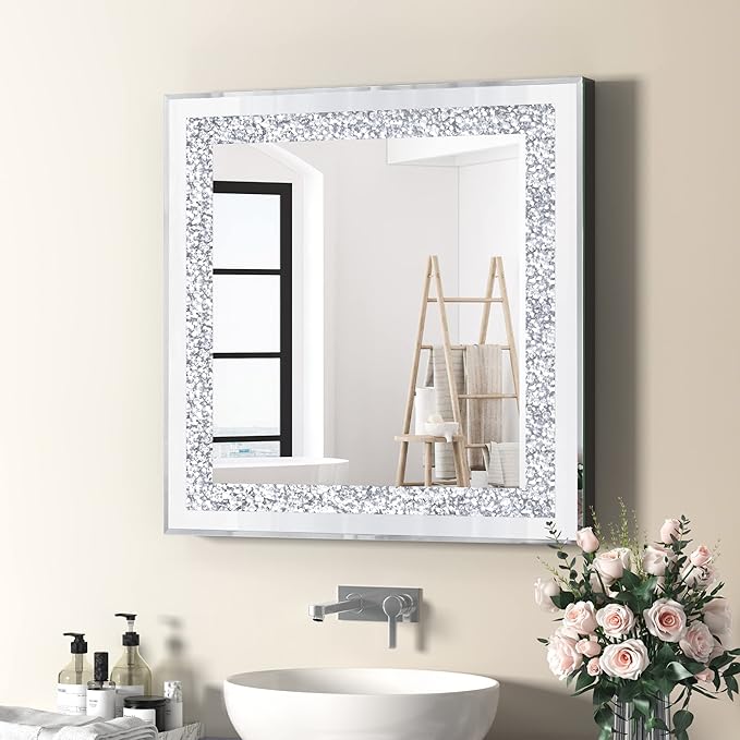 Crystal Decorative Mirror-24 x24 Rectangle Gorgeous Silver Mirror, Crush by GOAND
