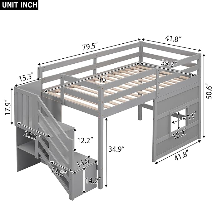 Twin Size Loft Bed with Storage Staircase and Window, Wood Twin Loft Bunk - Image 2