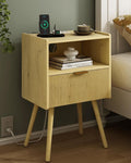 Nightstand with Outlet, Modern Bedside Table with Storage Drawer and Open Wood by JOONEE
