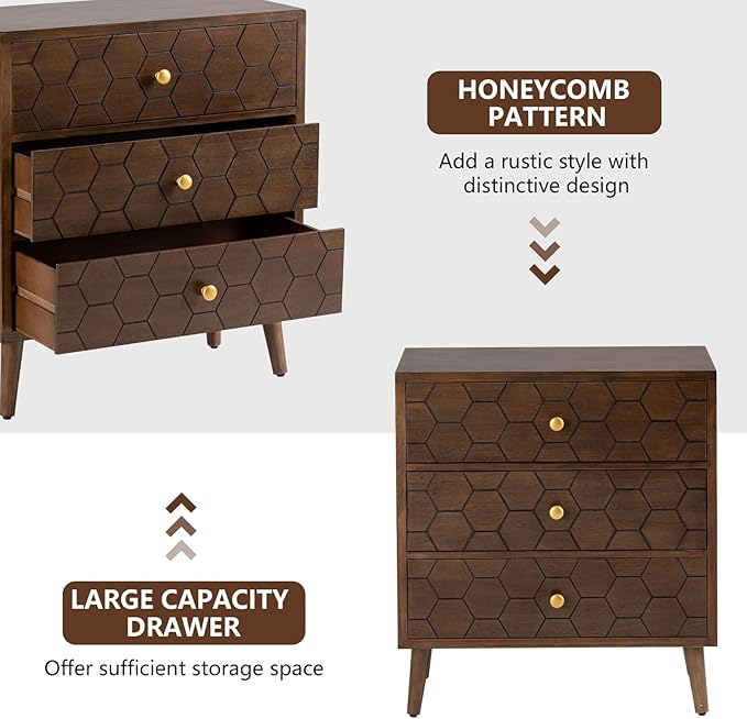 COSIEST Modern End Table w 3 Storage Drawers, Night Stand w Honeycomb Pattern - Image 5