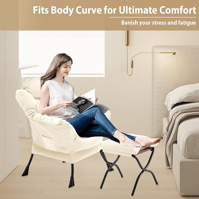 Lazy Chair with Folding Ottoman, Accent Chair Velvet Upholstered with Metal - Image 5