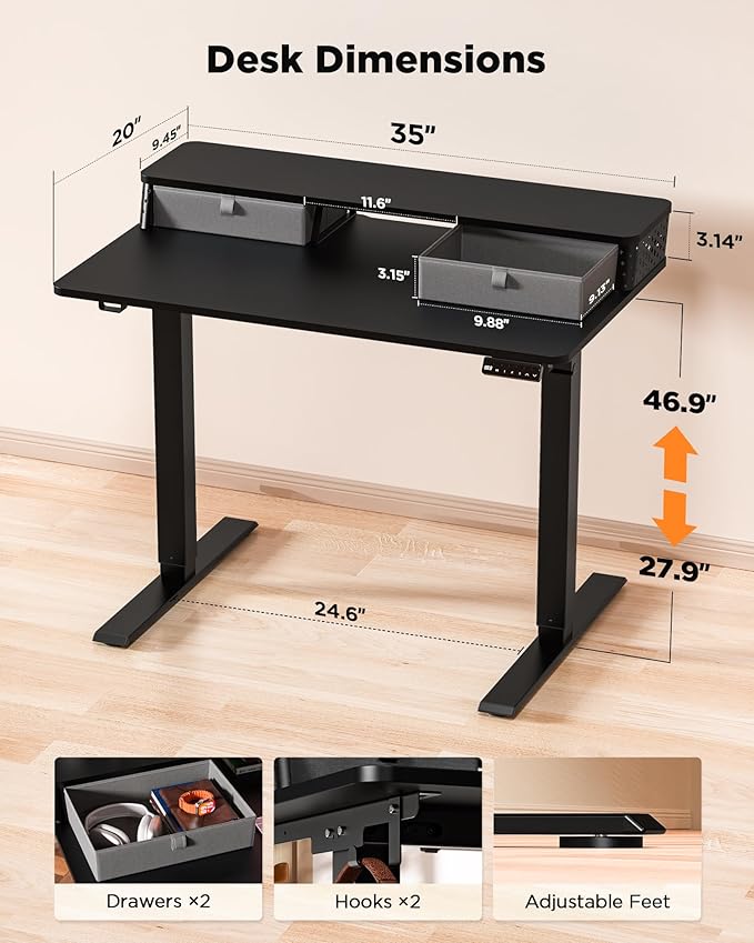 35x20 Inch Standing Desk with Double Drawers, C-Clamp Mount Compatible - Image 3