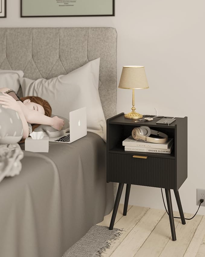 Black Nightstand with Outlet, Modern Bedside Table with Storage Drawer and Open - Image 3