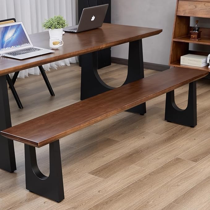 Walnut Color Long Bench Solid Wood Top Metal Legs U-Shaped Design Durable - Image 6