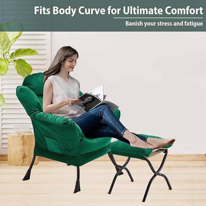 Lazy Chair with Folding Ottoman, Accent Chair Velvet Upholstered with Metal - Image 5