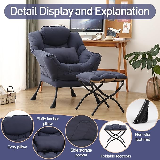 Lazy Chair with Ottoman, Modern Accent Chair with Lumbar Pillow, Comfy Chairs - Image 7