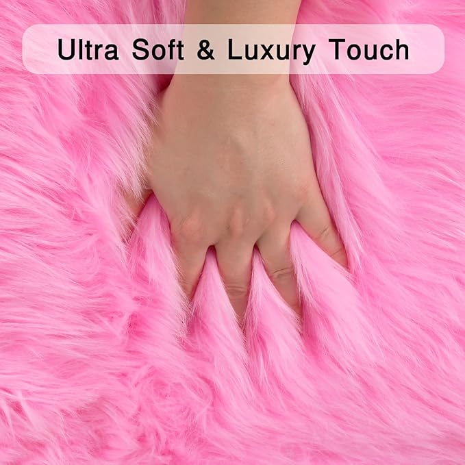 duduta Hot Pink Faux Sheepskin Throw Rug 2x3 ft, Fluffy Shag Girls Bedside Dorm - Image 3