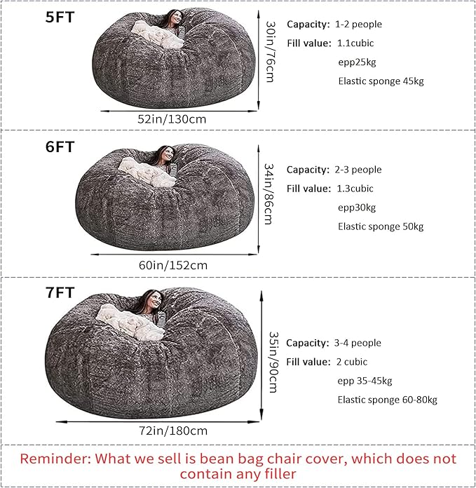 Giant Fur Bean Bag Chair Cover for Kids Adults, Living Room Furniture Big Round - Image 2