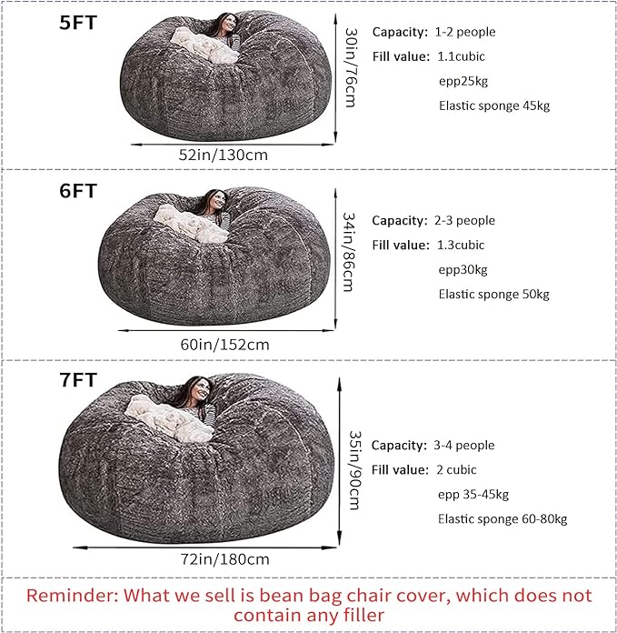 Giant Fur Bean Bag Chair Cover for Kids Adults, Living Room Furniture Big Round - Image 2