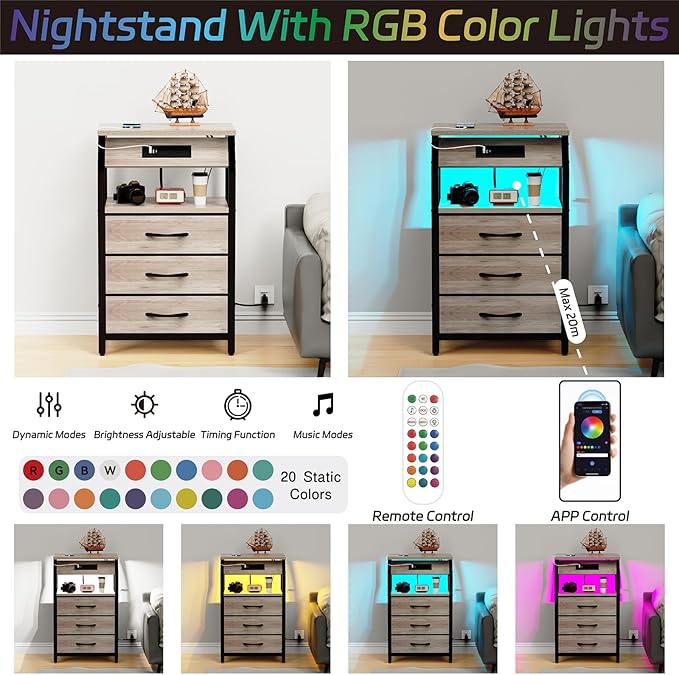 End Table with 3 Drawers, Night Stand with Charger Station and LED Lights - Image 6