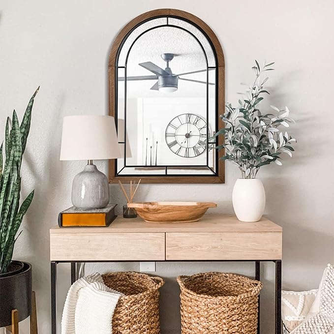 blue page Arched Mirror, Farmhouse Wall Decor Accent, Rustic Wood Framed Mirror - Image 6