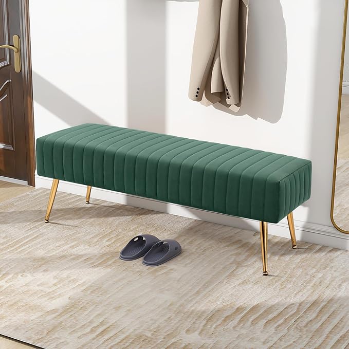 Furniliving 44 Inch Entryway Benches, Upholstered Tufted Striped Fabric Ottoman - Image 2