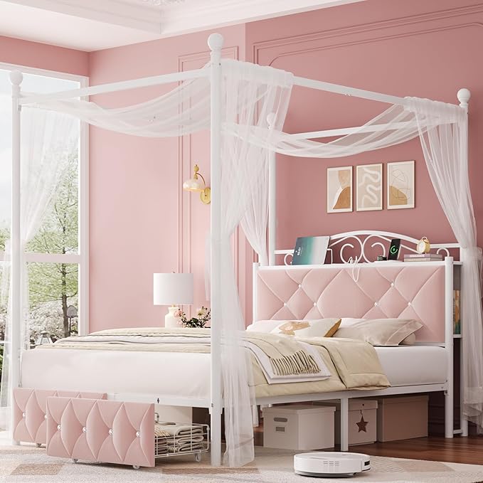 Queen Upholstered Canopy Bed Frame by KeyluvHome
