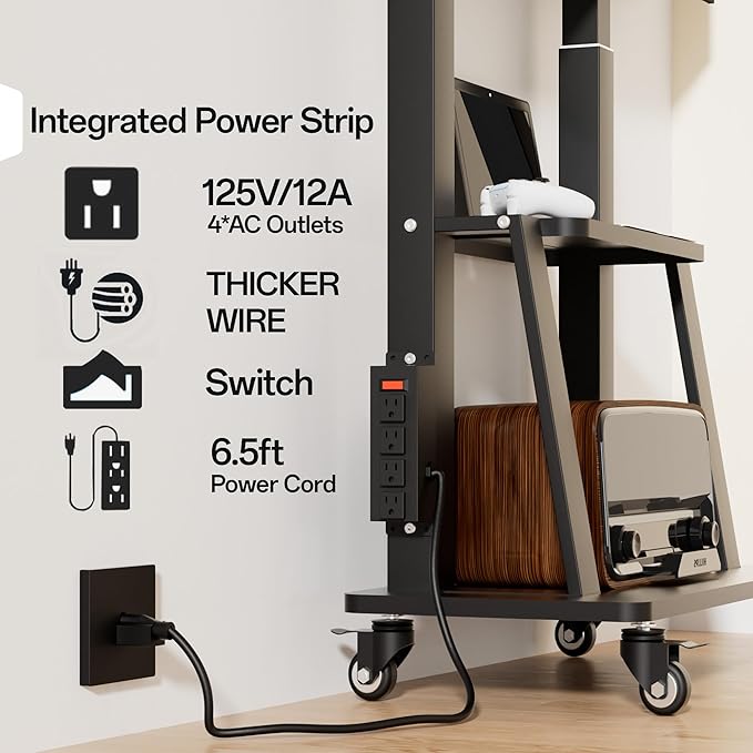 Mobile TV Cart with Power Outlet, Rolling TV Stand on Wheels - Image 2