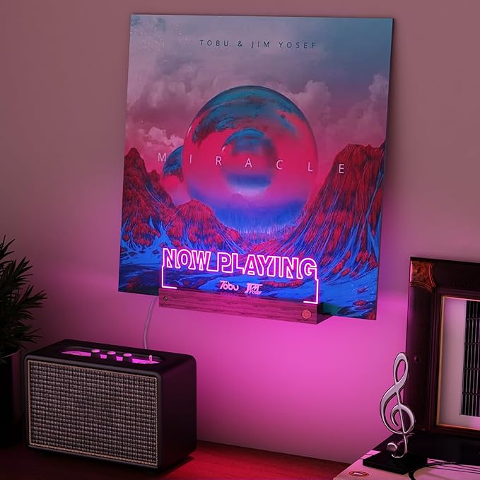 Now Playing Vinyl Record Stand Wall Mount, Light up Record Holder, Wooden - Image 2