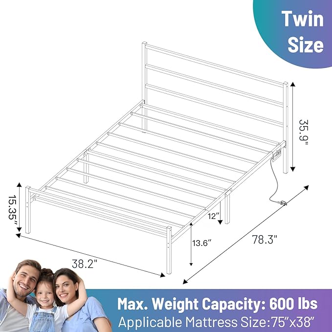 Twin Bed Frame with Headboard, Heavy Duty Steel Slats Support-LED Bed Frame - Image 2