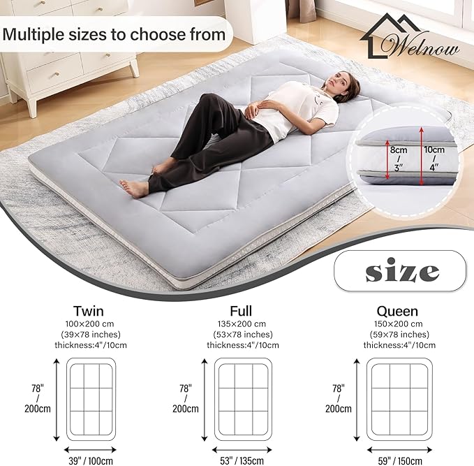 Welnow Japanese Futon Floor Mattress, Thick Twin Size Tatami Mat Portable & - Image 2