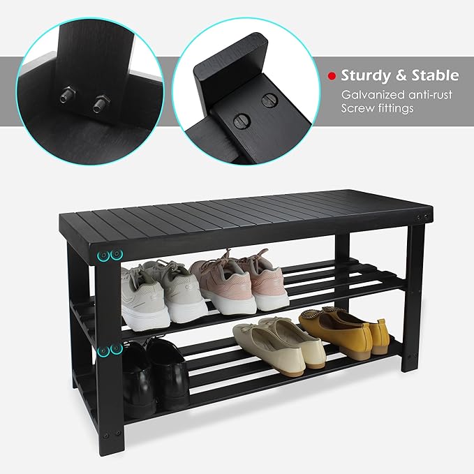 SMIBUY Bamboo Shoe Rack Bench, 3-Tier Shoe Organizer Storage Shelf - Image 6