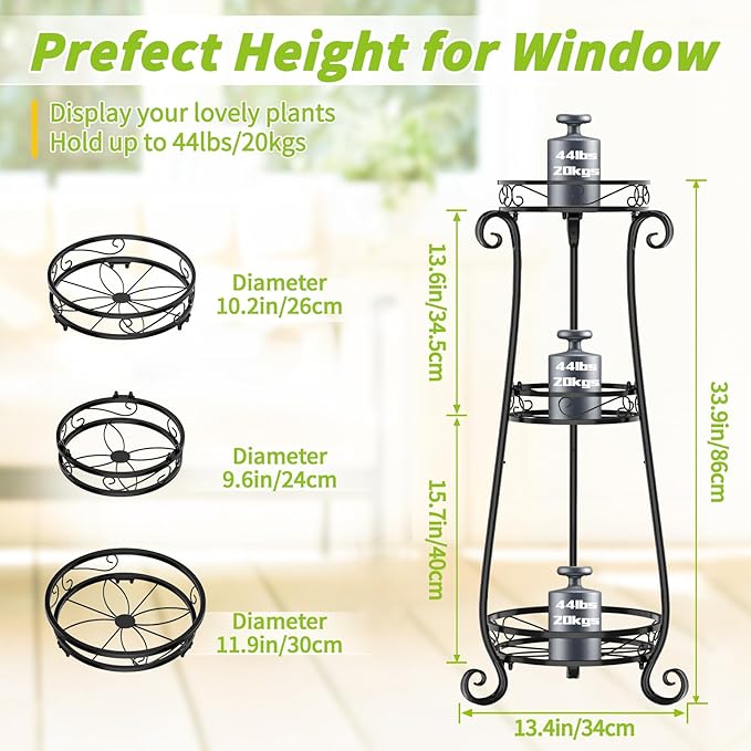 KMOTASUO 3 Tier Metal Plant Stand Indoor, 34 Inch Tall Corner Plant Stands - Image 3