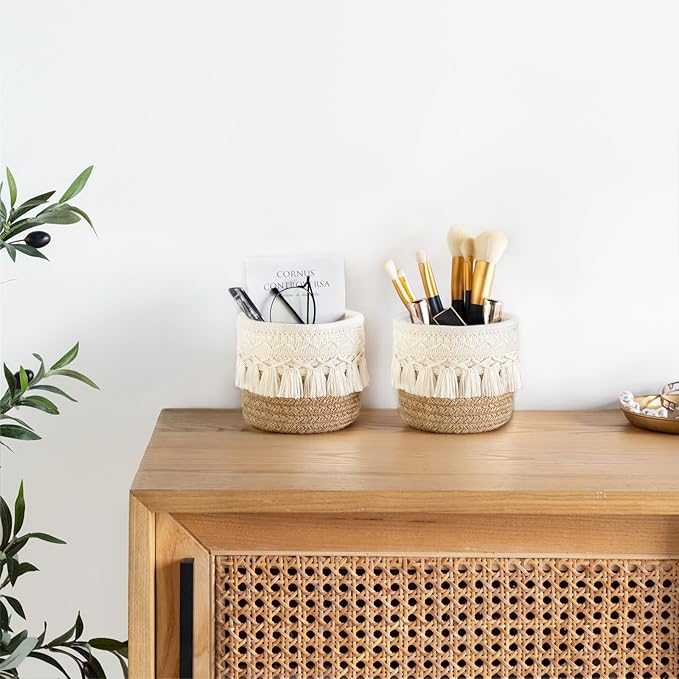 Mkono Macrame Makeup Brush Holder Organizer Comb Brushes Mini Storage Basket - Image 2