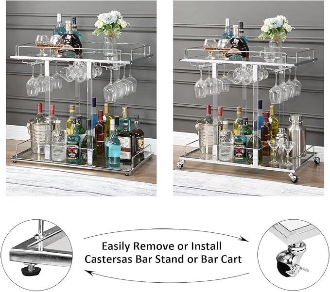 Silver Bar Cart for Home Bar Chrome Serving Cart - Image 6