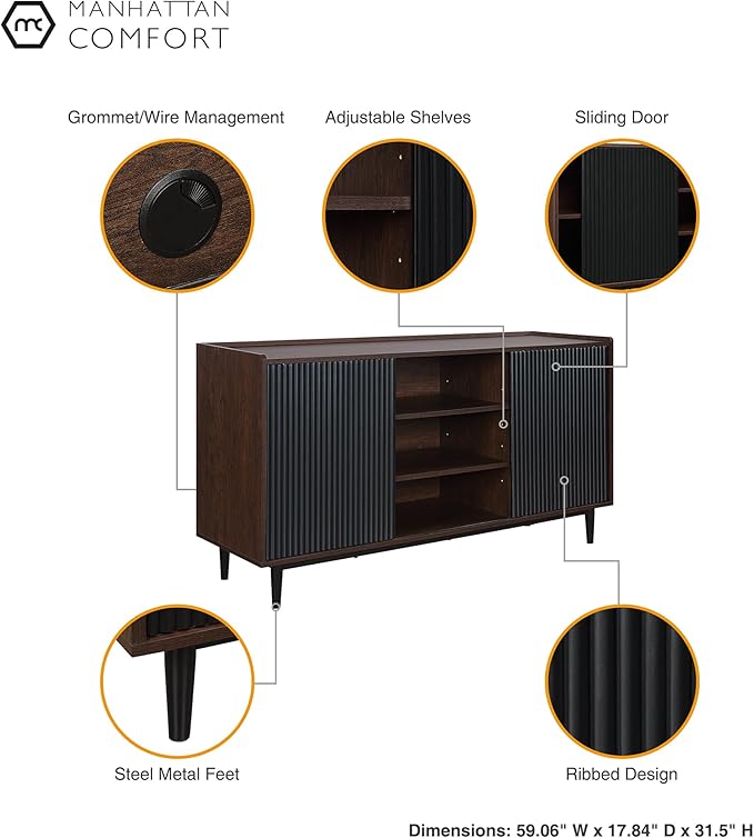 Manhattan Comfort Duane 59-Inch Ribbed Mid Century Modern Sideboard, Versatile - Image 4