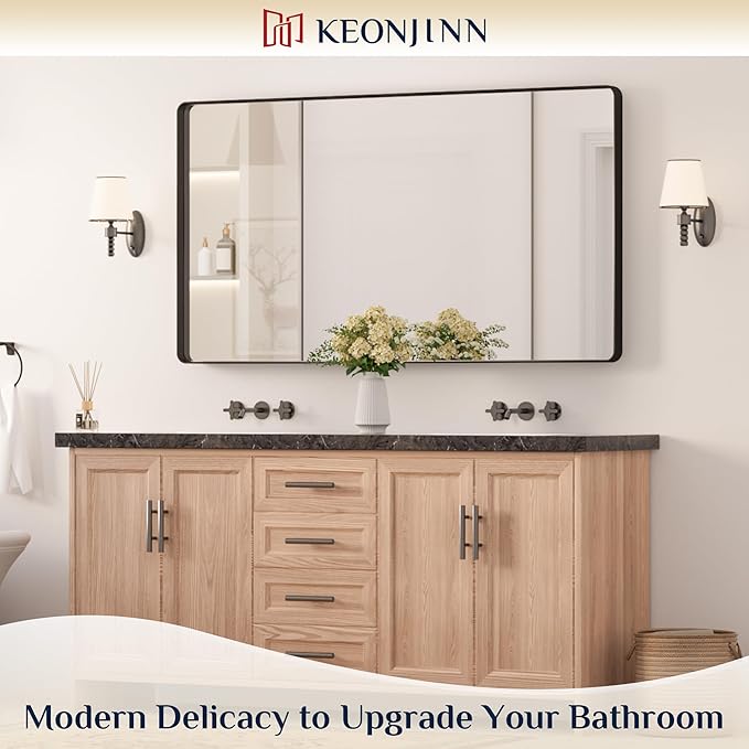 Keonjinn Black Bathroom Mirror for Vanity 55 x 30 Inch Large Metal Framed Wall - Image 2