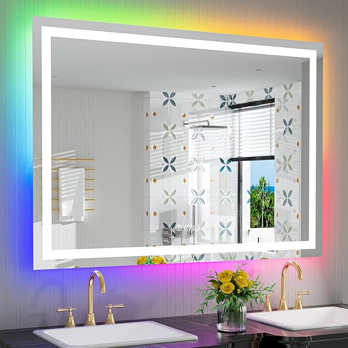 50x32 Inch RGB LED Bathroom Mirror Front Light and RGB Backlit Lighted Vanity by YEELAIT