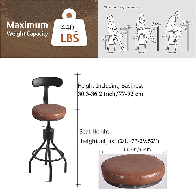 Diwhy Industrial Vintage Bar Stool, Kitchen Counter Height Adjustable Pipe Chair - Image 3