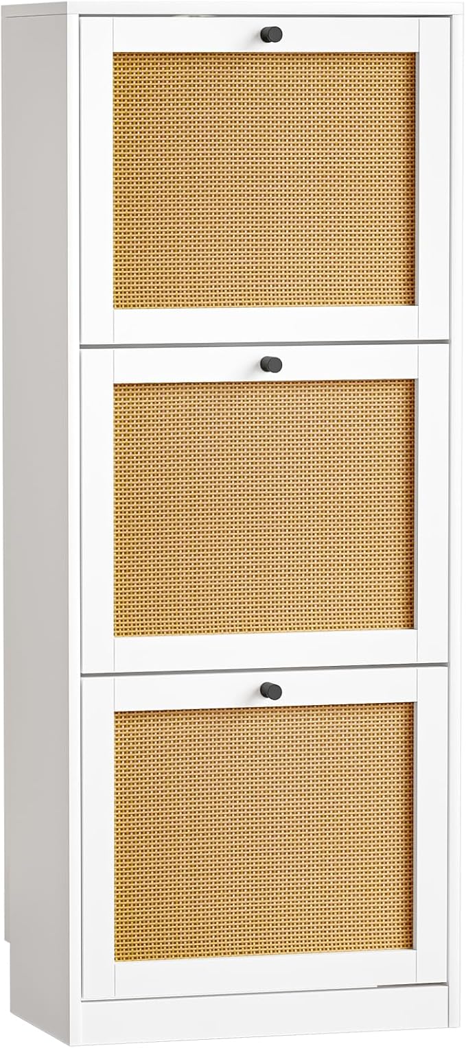 Rattan Shoe Cabinet with 3 Flip Drawers, Narrow Shoe Rack Cabinet with - Image 8