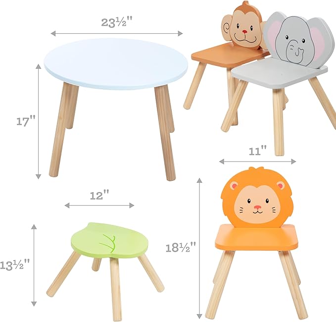 Kids Wooden Animal Table & Chair Set w 4 Seats- Monkey Lion & Elephant Plus - Image 4