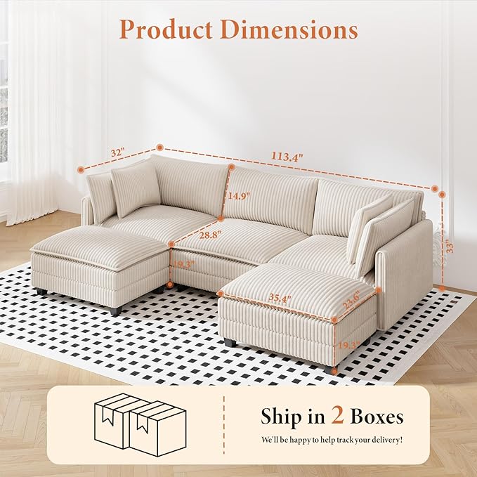 Vesgantti 109" U Shaped Cloud Sectional Sofa, Comfy Corduroy Upholstered - Image 2